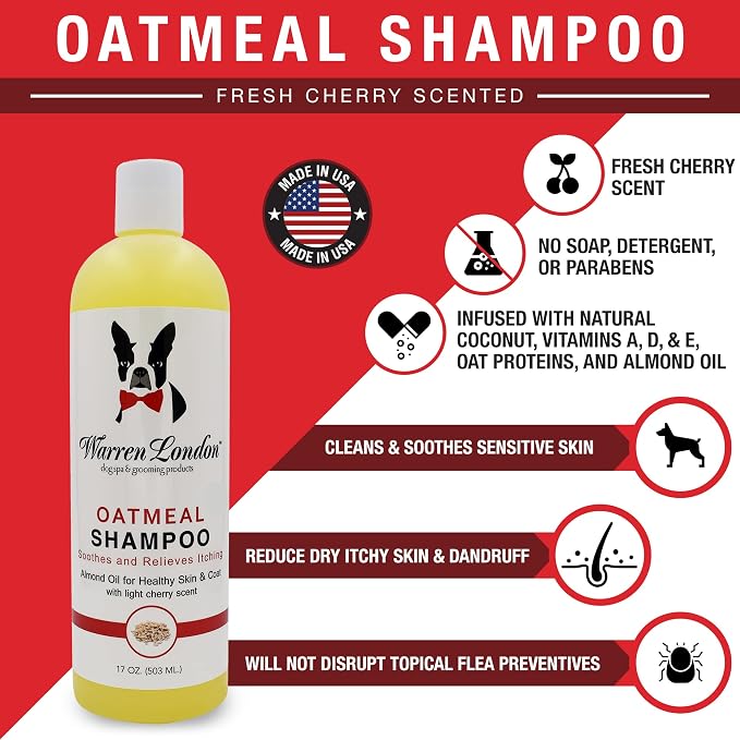 Warren London Oatmeal Dog Shampoo - Soothing Relief for Itchy, Flaky, Dry, & Sensitive Skin - Infused with Vitamins & Neem Oil - Stops Scratching - Made in USA - 17 oz