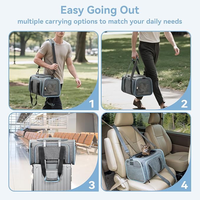 Petsfit Small Double Expandable Cat Carrier for Kittens and Air Travel | 16 x 10 x 9 in; sized for Alaska Airlines, with locking zippers, an interior safety tether and multi-side ventilation.