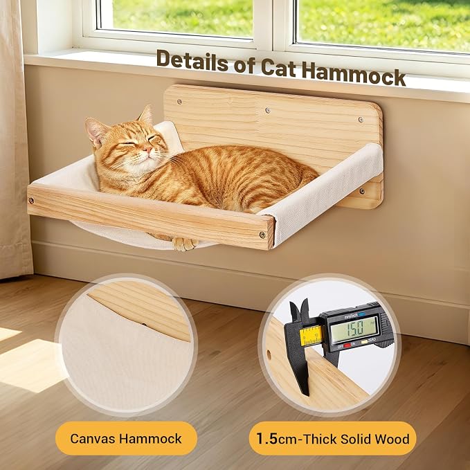 Wall Mounted Cat Shelves Set with Hammock | Sisal Scratching Posts, 3 Wooden Steps, Space-Saving Cat Tree, For Indoor Cats Up to 30 lbs