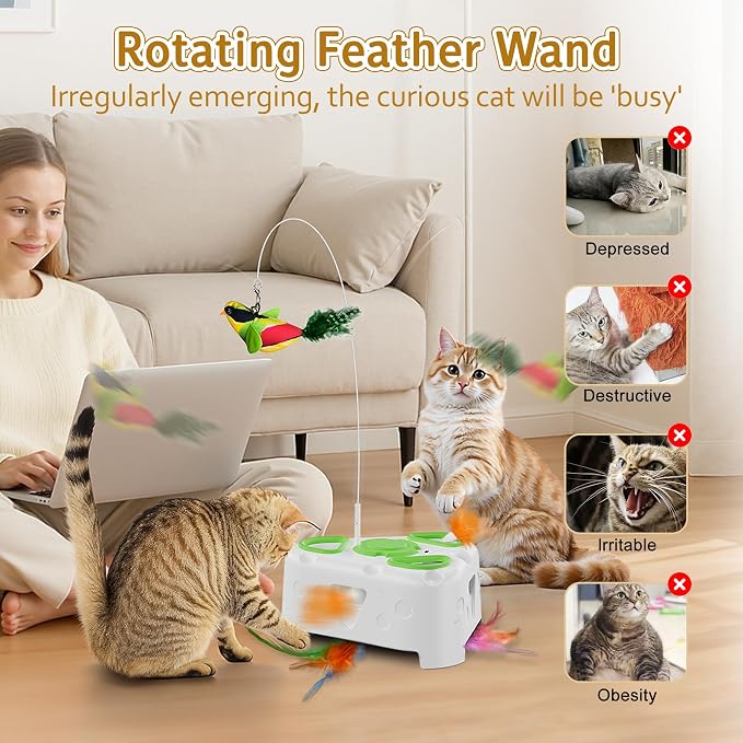 3-in-1 Automatic Interactive Cat Toy, Flying Bird, Mole & Feather | Rotating feather, 3 play modes, cheese-shaped non-slip base, USB-C rechargeable 1200mAh battery, 8-minute auto shutoff