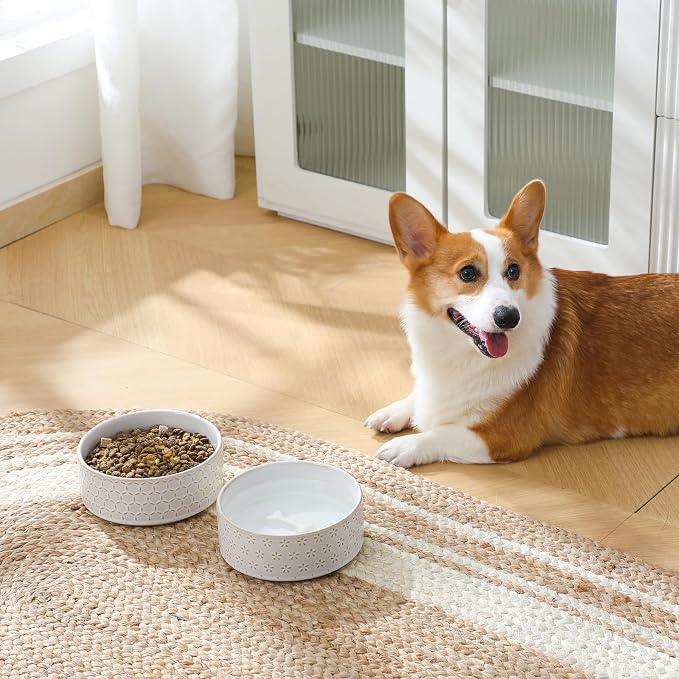 MALACASA Ceramic Dog Food Bowl, Water Dish for Medium Breeds, 3.5 Cups | Five-Leaf Grass Pattern, ceramic pet bowl, food and water dish, dishwasher and microwave safe, for medium dogs