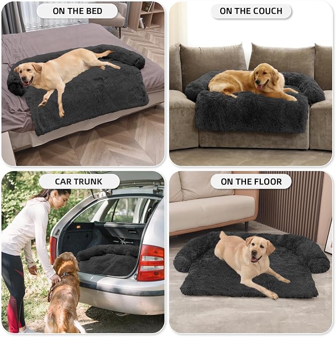 Calming Dog Bed Fluffy Plush Dog Mat for Furniture Protector with Removable Washable Cover for Large Medium Small Dogs and Cats (Extra Large(53x39.3x6), Dark Grey)