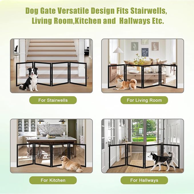 LZRS Extra-Wide Clear Dog Gate for Indoor Use - Transparent Pet Fence with Solid Hardwood and Plastic Board, Stylish & Durable freestanding Pet Gate for Doorways, Stairs and Hallways-4 Panel Black