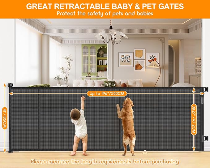 EZIGO 196 Inch Retractable Baby Gates, 41 Inch Extra Tall Retractable Gate | Reinforced Retractable Dog Gate with Rods, 16.3FT Extra Long Mesh Pet Gate for Stairs Hallways Doorway Indoor Outdoor, Black
