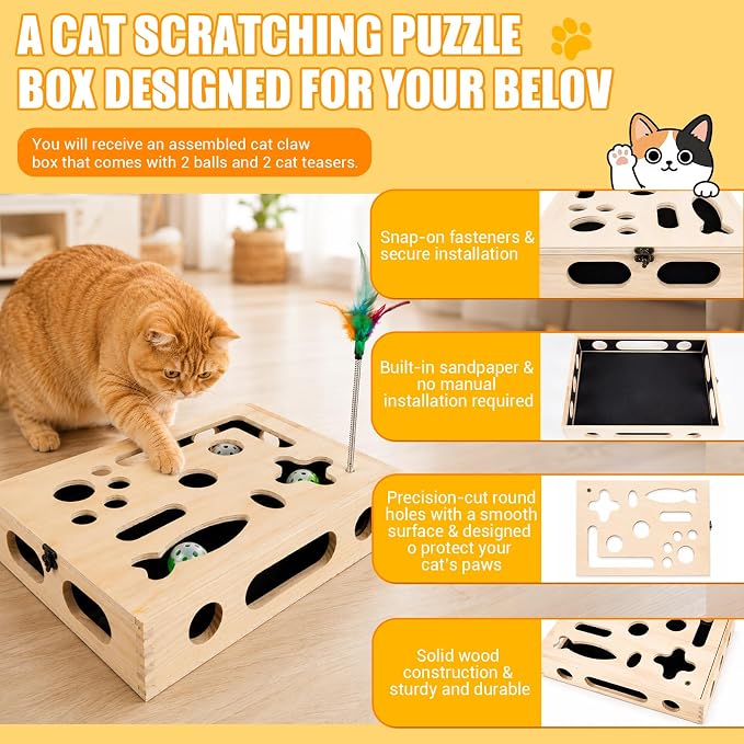 Large Cat Nail File Box, Sturdy Wood with 3 Small Balls & 2 Cat Teaser | Cat Scratch Puzzle Box with Sandpaper Inside Requires No Installation, Cat Puzzle Toys for Scratching & Interactive Play