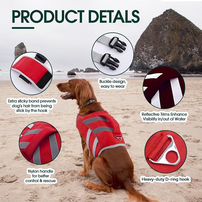 Kuoser Reflective Dog Life Jacket, Dog Life Vest for Swimming Boating | Adjustable Pet Lifejackets, High Flotation Doggie Swimsuit with Rescue Handle for Small Medium Large Dogs