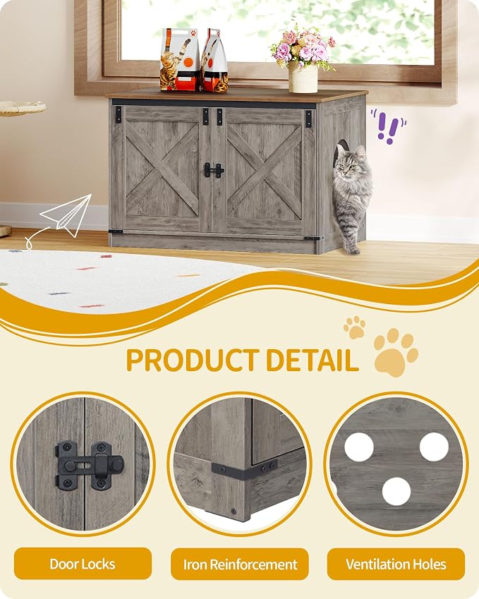 Hzuaneri Cat Litter Box Enclosure, Hidden Litter Box Furniture with Divider | Wooden Cat Cabinet with Removable Dividers, Reversible Entrance Left or Right Side, Cat Washroom, Greige CB84605X