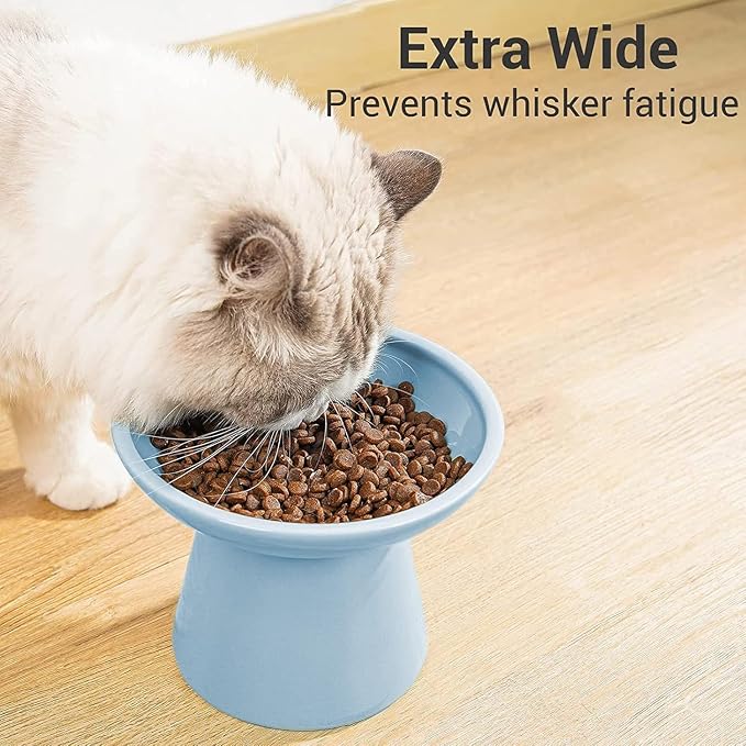 CEEFU 2-Pack Extra Wide Elevated Ceramic 6.2" Shallow Cat Food Bowls | Cat Dish for Whisker Fatigue Relief, 5" Height for Easy Feeding, Durable Raised, Blue