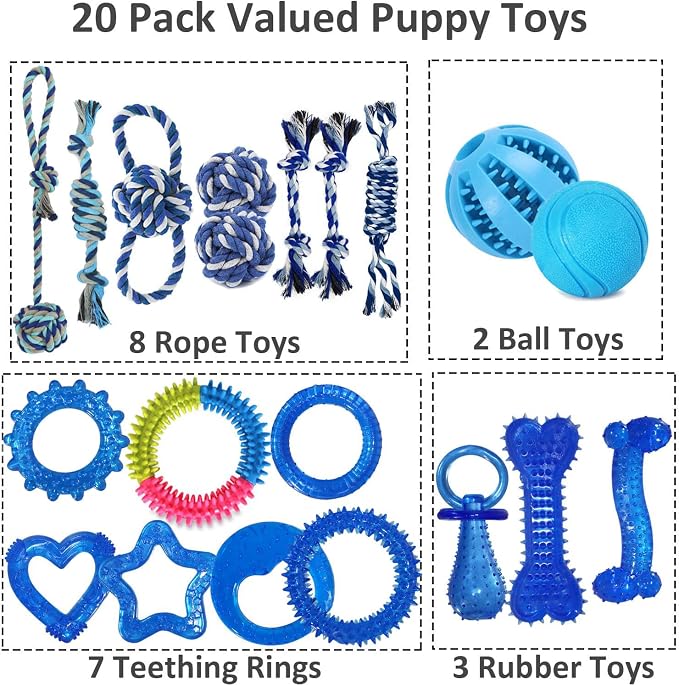 20 Pack Puppy Teething Chew Toys for Small Dogs, Bulk Dog Toys for Puppies | Mixed Blue Rubber Rings, Ropes & Balls, Puppy Teething & Dental Care, Relieves Puppy Boredom, Stops Destructive Chewing