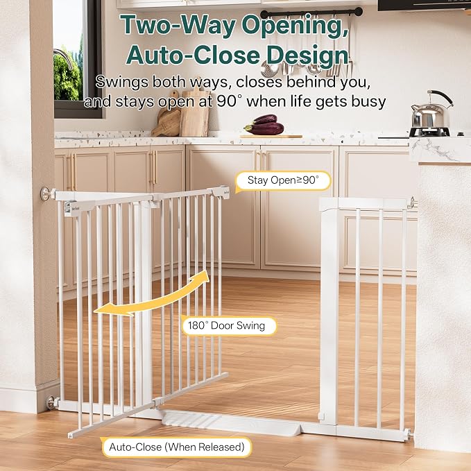 InnoTruth 29.6-50.1 in Extra Wide Baby Gate for Stairs and Doorways, White | Indoor Metal Dog Gate for Pets, Auto Close 2 Way Swing Walk Through Door, Double Lock & Y-Bolts, Pressure or Hardware Mount