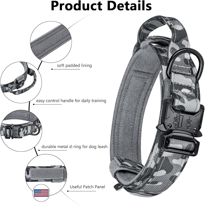 DAGANXI Tactical Dog Collar, Adjustable Military Training Nylon Dog Collar with Control Handle and Heavy Metal Buckle for Medium and Large Dogs, with Patches and Airtags Case (L, Camo-Set)