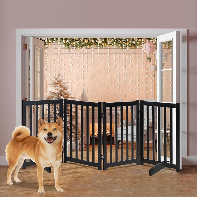 LZRS Wooden Free Standing Dog Gate 80" W x 30" H, Foldable Solid Hardwood Pet Safety Fence for House Doorways, Stairs, Hallways, Step-Over Pet Barrier, No Drill Easy Setup, Black
