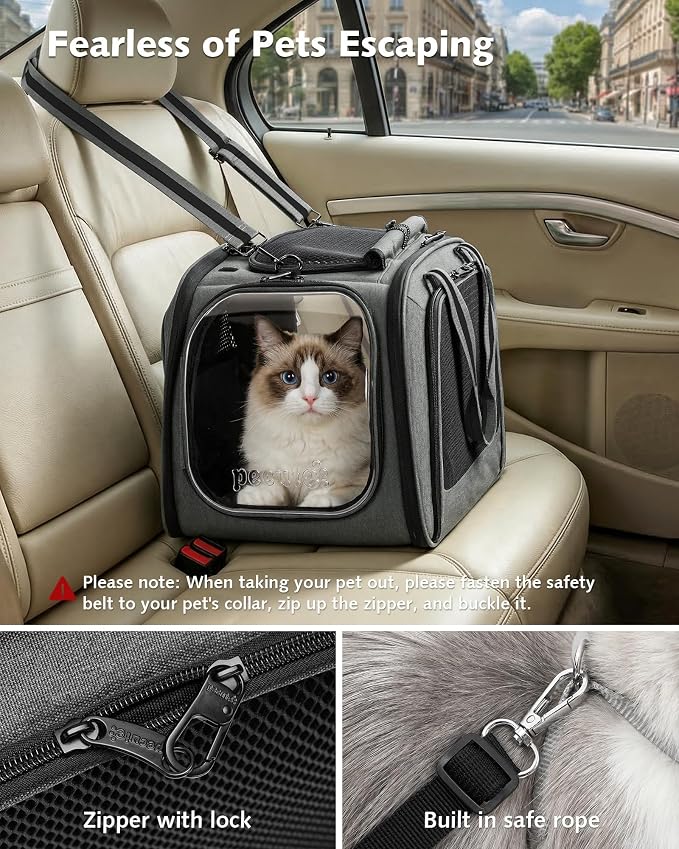 Pecute Cat Carrier with Bubble Window & Sunshade for Dogs Cats, Gray L | Dual bubble windows & top sunshade, 70% more airflow mesh, Impact-resistant stable frame, Locking zippers, Fits up to 15 lbs