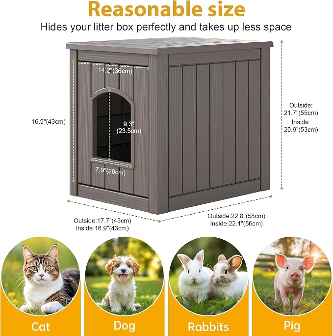 Cat Litter Box Enclosure, Multi-Functional Enclosed Cat Litter Box Furniture, Outdoor Cat House Weatherproof, Openable Front Door & Raised Floor, Easy to Clean & Assemble, Grey