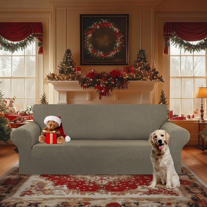 Stretch Oversized Couch Covers for Sofa Slipcover,Khaki | 1-Piece Washable Sofa Cover (94"-110") 4-Seater Furniture Protector, Soft Jacquard Non-Slip Elastic Bottom for Dogs & Kids