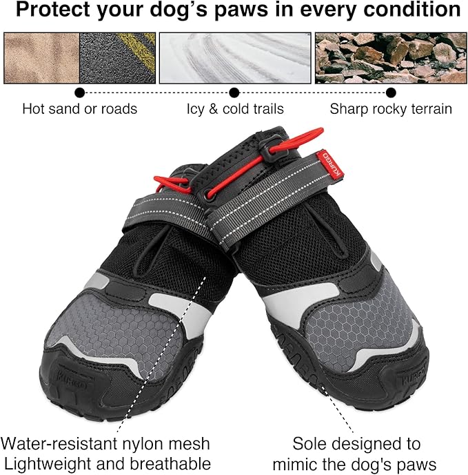 Kurgo Blaze Cross Dog Shoes, Chili Red/Black, Large, 2 Pack | All Season Paw Protectors, Lightweight & Breathable, Water-Resistant, Reflective Accents, No-Slip, Includes 2 Shoes