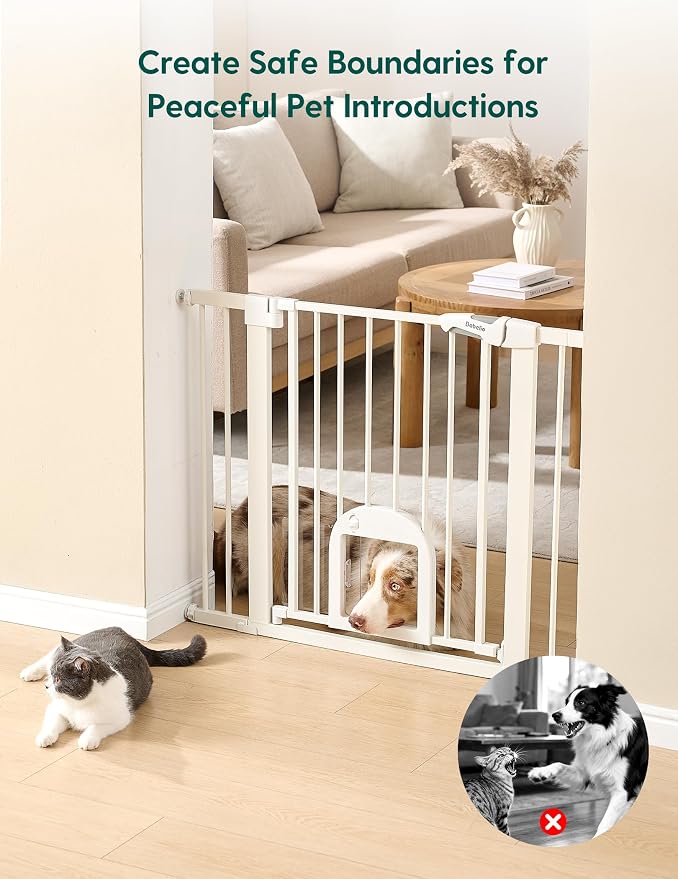 Babelio 36" Tall Baby Gate with Cat Door, CatPrivilege III, 29-43" | Auto-Close, Pressure Mounted, Double Lock, Easy Walk Thru Safety Gate with Pet Door for Stairs, Doorways and House, White