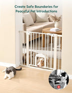 Babelio 29-48" Extra Wide Baby Gate with Adjustable Cat Door, CatPrivilege Ⅲ, Easy Install Pressure/Hardware Mounted, Auto Close Pet Door for Stairs, House, Doorways, Effortless Walk Thru, White | Adjustable Small Pet Door, Easy Install Pressure/Hardwa...