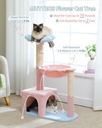 MUTTROS Flower Cat Tree with Large Metal Frame Hammock, 35" Pink Cat Tower with Sisal Scratching Posts for Small Indoor Cats, Cat Condo with Blue Top Perch for Kittens, Fluffy Ball, Pink