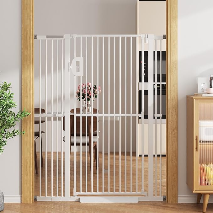 Jekriuet 57" Extra Tall Pet Gate, 27.5"-38.5" Wide, White | Dog Cat Gate for Doorways Hallways Stairs,Pressure Mounted 1.18" Ultra Narrow Gap No Drilling One-Handed Auto-Close