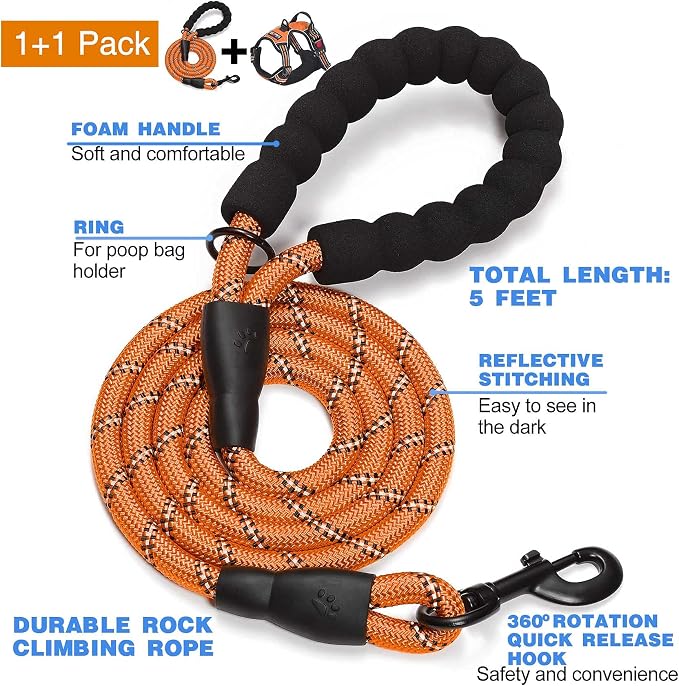 tobeDRI No Pull Dog Harness Adjustable Reflective Oxford Easy Control Medium Large Dog Harness with A Free Heavy Duty 5ft Dog Leash, Orange, XL