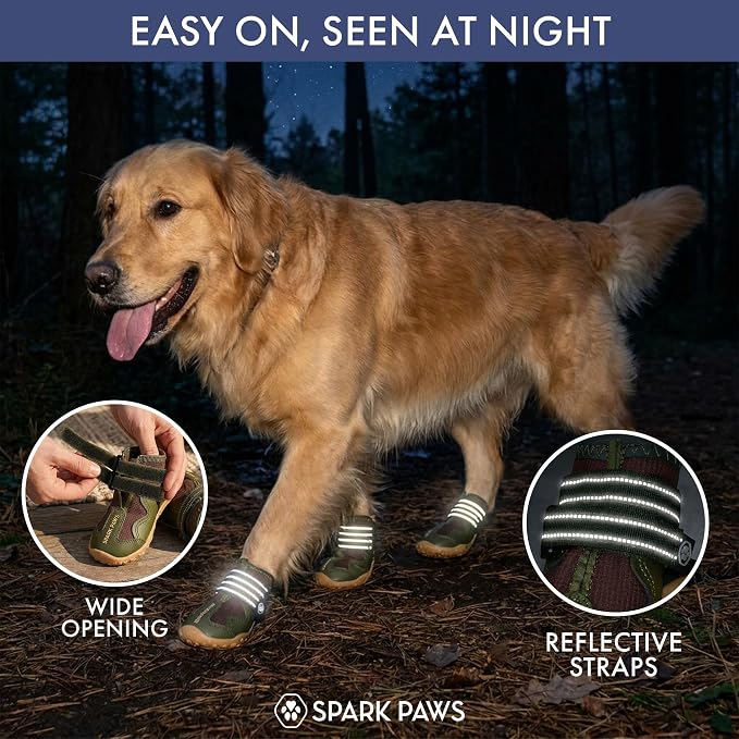 Spark Paws 365 Dog Shoes - All-Season Boots for Winter Snow & Hot Pavement | Water-resistant, anti-slip, stay-on straps - rain, ice & summer booties in one. Reflective; small, medium & large dogs