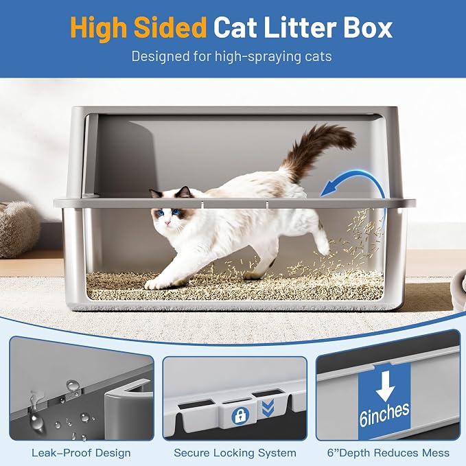 Jotesnew 2 Pack XL Stainless Steel Cat Litter Box with Lid and High Sides, 24" L x 16" W x 12" H Extra Large Metal Cat Litter Boxes for Big Cats, Leak-Proof, Non-Stick, Odor-Resistant, Includes Scoop