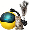 Interactive Cat Toy Ball, Automatic Self-Rolling Cat Toy with Feather Tail, Rechargeable Smart Cat Ball for Indoor Cats（Yellow）