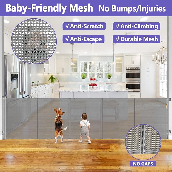 Reinforced 42" Tall Pet Gate x 96" Long Baby Gate, Prevents Crawling Under | Indoor/Outdoor Tall Retractable Gate, Space-Saving, One-Hand Operation Safety Lock, Scratch-Resistant Mesh, Easy Install/Gray