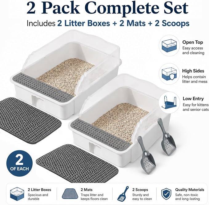 2 Pack Small Cat Litter Box with Mat & Scoop, Open Top High Sides | 2 Pack Small Cat Litter Boxes with Mat & Scoop, Open Top High Sides Low Entry, Easy Clean for Kittens & Small Cats