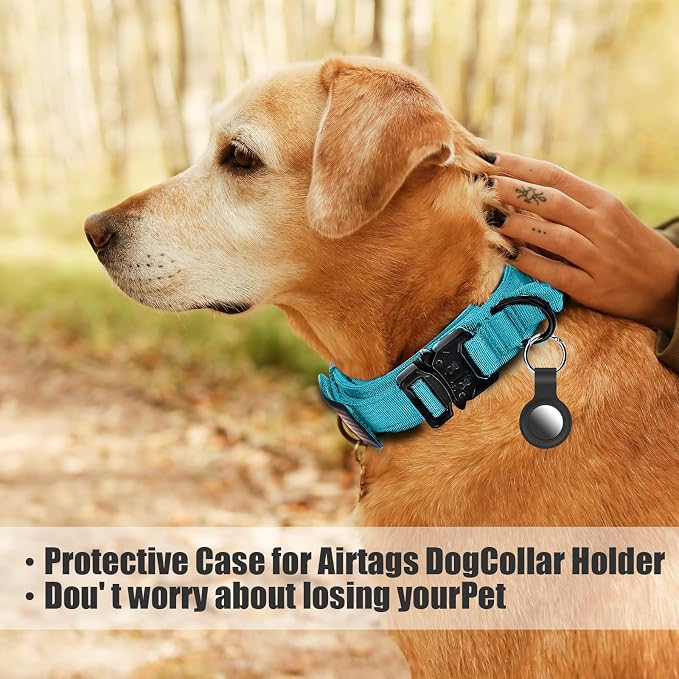Tactical Dog Collar and Bungee Leash,Military Dog Collar & Leash Set with USA American Flag Adjustable K9 Collar with Heavy Duty Metal Buckle & Handle,with Patches and Airtags Case (Light Blue, XL)