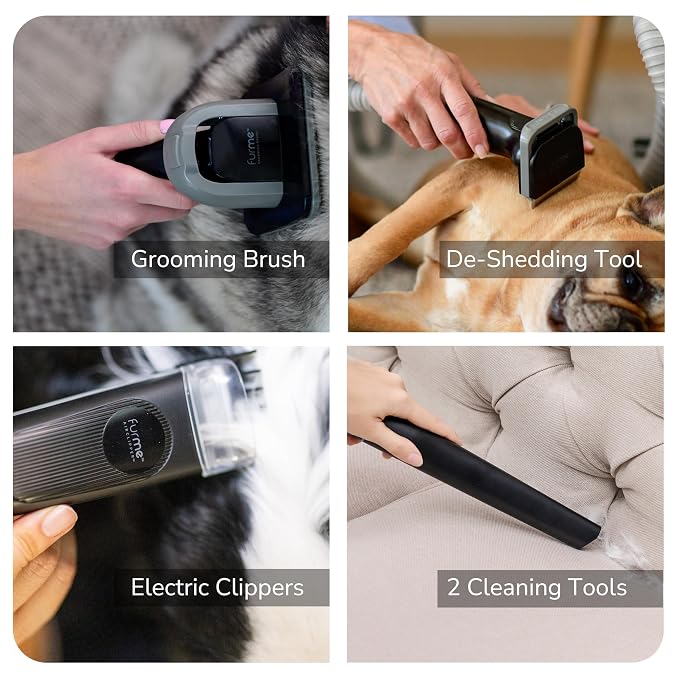 FurMe Original Pet Grooming Vacuum Kit - Cat & Dog Grooming Kit for Easy Pet Care at Home, Quiet & Safe Dog Hair Remover Machine with Brush, Clipper, Shedding & Cleaner Tools & 1L Canister
