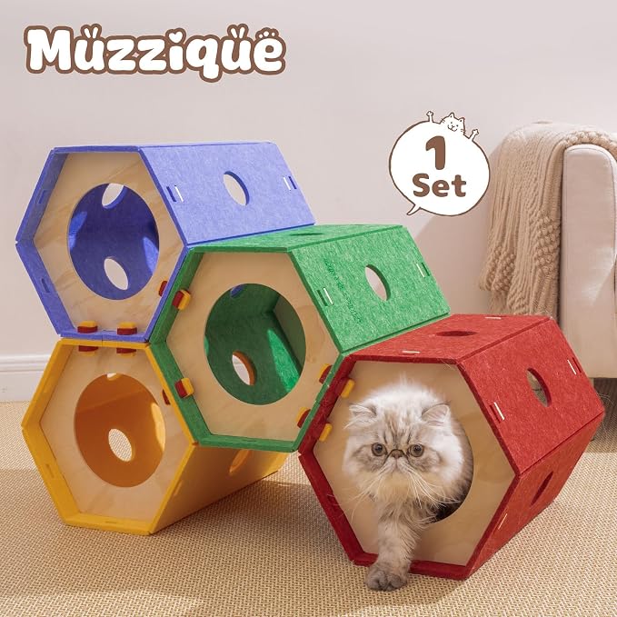 Thickened Felt Cat Tunnel, Connectable Modular Cat Hideaway Bed Rabbit Cave | DIY Toys Sturdy Kitten House, Bunny Hideout Entertainment, Washable Cozy Hole, Crinkly Scratching Cube for Indoor Cats, 1 Set