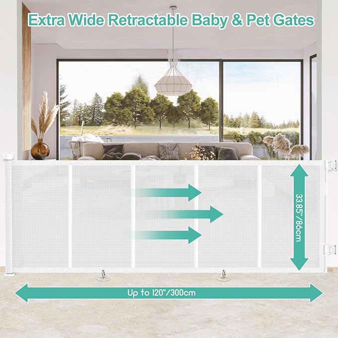 EZIGO 120 Inch Retractable Baby Gates Extra Wide Reinforced Baby Dog Gate | 34 Inch Tall Retractable Dog Gate with Reinforced Strip Mesh Safety Pet Gate for Stairs Hallway Doorway Indoor Outdoor, White
