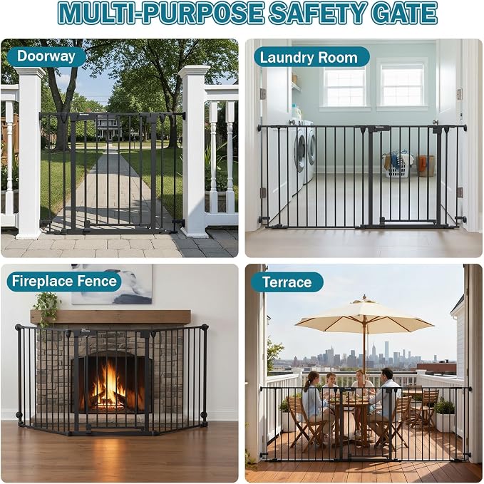 Mumeasy 80" Extra Wide Baby Gate for Doorways & Stairs, Dog Gate Indoor | Hardware Mounted Pet Gate, Auto Close Walk Thru Door, Large Child Safety Fence for Outdoor, Deck, Yard, 3 Metal Panels, Black