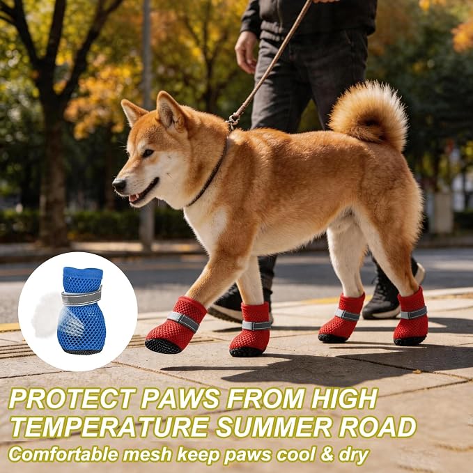 Dog Boots Paw Protector, Reflective Adjustable Non Slip Mesh Summer Breathable Dog Shoes Dog Walking Boots (S Size, Blue, 4 Pcs) Intended for Paws Waterproof for Dogs/Cat/Puppy