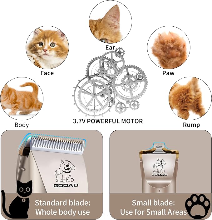 Quiet Cat Clippers & Cat Grooming Kit for Matted & Long Hair | 250Min Cordless Pet Shaver, Low Noise Pet Hair Trimmer for Grooming,2in1 Wide & Narrow Blades,4 Combs,Scissors & Glove(Gold)