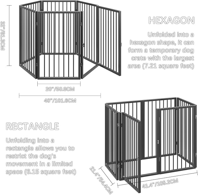 Vantas 120" x 32" Foldable Freestanding Extra Wide Dog Gate with Door,Black | Pet Gate for Stairs and Doorways, Renter Friendly No Drill, Indoor Pet Fence Extra Wide, Easy Storage, With Support Feet