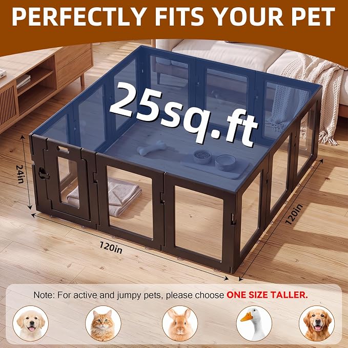 Clear Acrylic Dog Playpen Indoor, Puppy Cat Small Pet Play Pen, Easy Assemble & Disassemble Sturdy Plastic Dog Fence with Heavy Duty Door Lock (24In H, 12PCS), Black