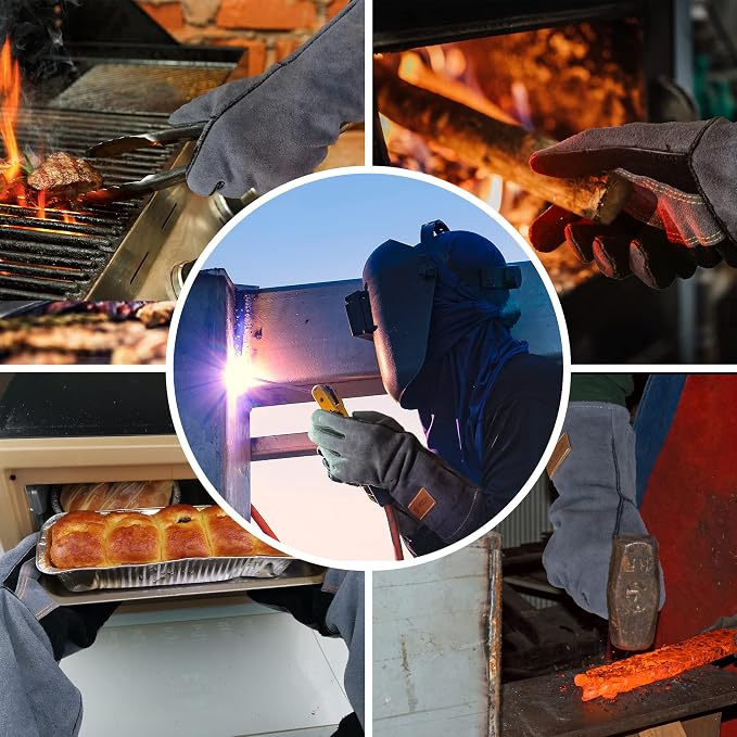 WZQH 14 In,932℉,Welding Gloves,Fireplace Glove,Fire & Heat Resistant,M | Mitt for BBQ,Oven,Grill,Tig,Mig,Baking,Furnace,Stove,Pot Holder,Animal Handling Glove, Forge,etc.Leather,Medium,Black-gray