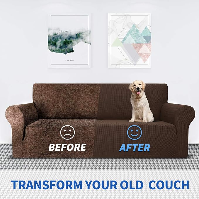 MAXIJIN Super Stretch Couch Cover for 3 Cushion Couch, 1-Piece Universal Sofa Covers Living Room Jacquard Spandex Furniture Protector Dogs Pet Friendly Fitted (Large, Coffee)
