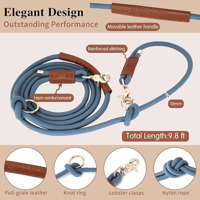 Hands Free Multifunctional Dog Leash for 1 or 2 Dogs, 9.8 ft, Tapestry Blue | Waist, crossbody, or handheld lead with leather handle to walk run hike train. Double attachments for 2 dogs up to 125lbs.