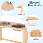 Elevated Dog Bowls - 15-Inch Tall Bamboo Raised Dog Bowl Stand with Nonslip Feet - Comes with Two 60oz Removable Dishwasher Safe Stainless Steel Pet Bowls - Puppy Essentials by PETMAKER