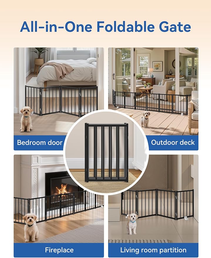 BFNN Small Dog Gate Indoor, Up to 48" W Freestanding Pet/Puppy Fence, Black | Flexible Space Control | Chewproof Steel Frame | 16.5" Step-Over Gate | Foldable | Drill-Free Setup | For Stairs & Doorways