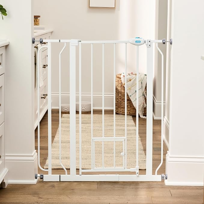 Carlson 36" Extra Tall Walk Through Dog Gate for Doorways & Bottom of Stairs, Metal Pet Gate with Small Pet Door, Expands 29.5”–36.5”, White