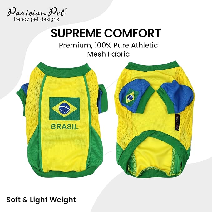 Parisian Pet Team Brazil Dog Jersey - Breathable Mesh Puppy Football Jersey - Lightweight Stretch Sporty Dog Clothes - Summer Shirts for Large Dogs - Soccer Jersey for Dogs - Sportswear Pet Clothes