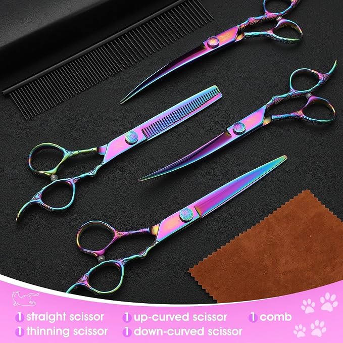 JASON Dog Grooming Scissors Set - Professional 6 in 1 Shears Kit Sharp | 6.5" Thinning, 7" Straight, 7" Up-Curved, 7" Down-Curved Shears & Comb for Cat Pet