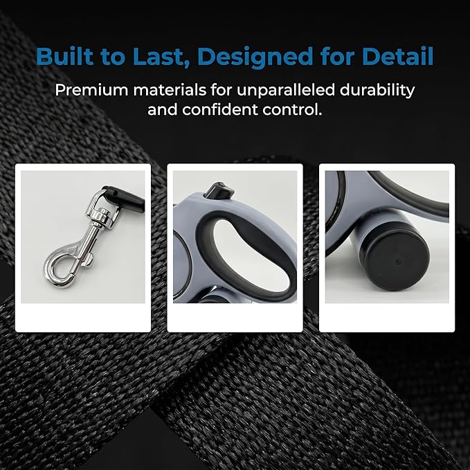16ft Retractable Dog Leash for Medium Dogs up to 66 lbs, Gray | Heavy-duty nylon tape, tangle-free 360 for medium dogs up to 66 lbs. Built-in waste bag dispenser, one-hand brake & lock.