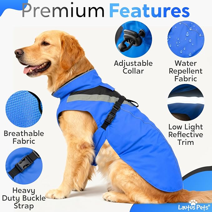 Waterproof Dog Rain Coat, Reflective Safety Strips & Leash Hole – Lightweight Adjustable Jacket for Medium Breeds - XXL, Blue
