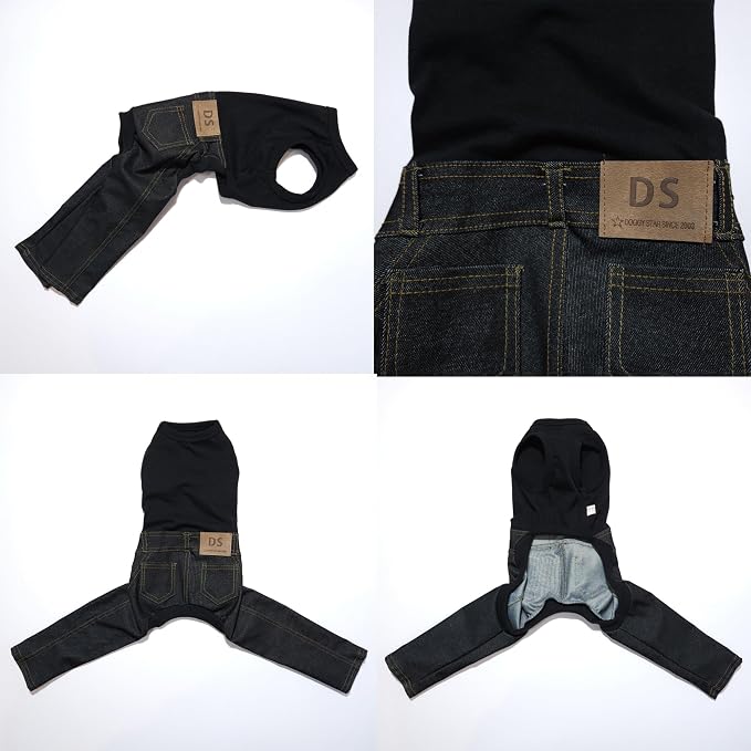 D Doggy Star Italian Greyhound Clothes Sleeveless Jeans Onesie Outfit Whippet for Dog Coat (S,Black Jean)